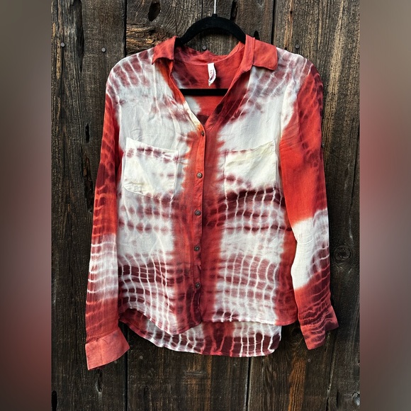 NWOT Raga Anthropologie Red Tie Dye Sheer Long Sleeve Button Up Shirt - Picture 2 of 9